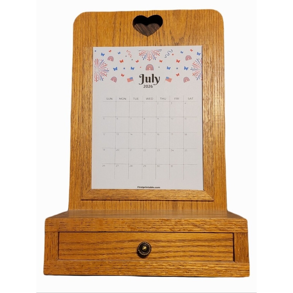 Wooden Oak Desktop Or Wall Calendar Organizer with Drawer  Cottagecore